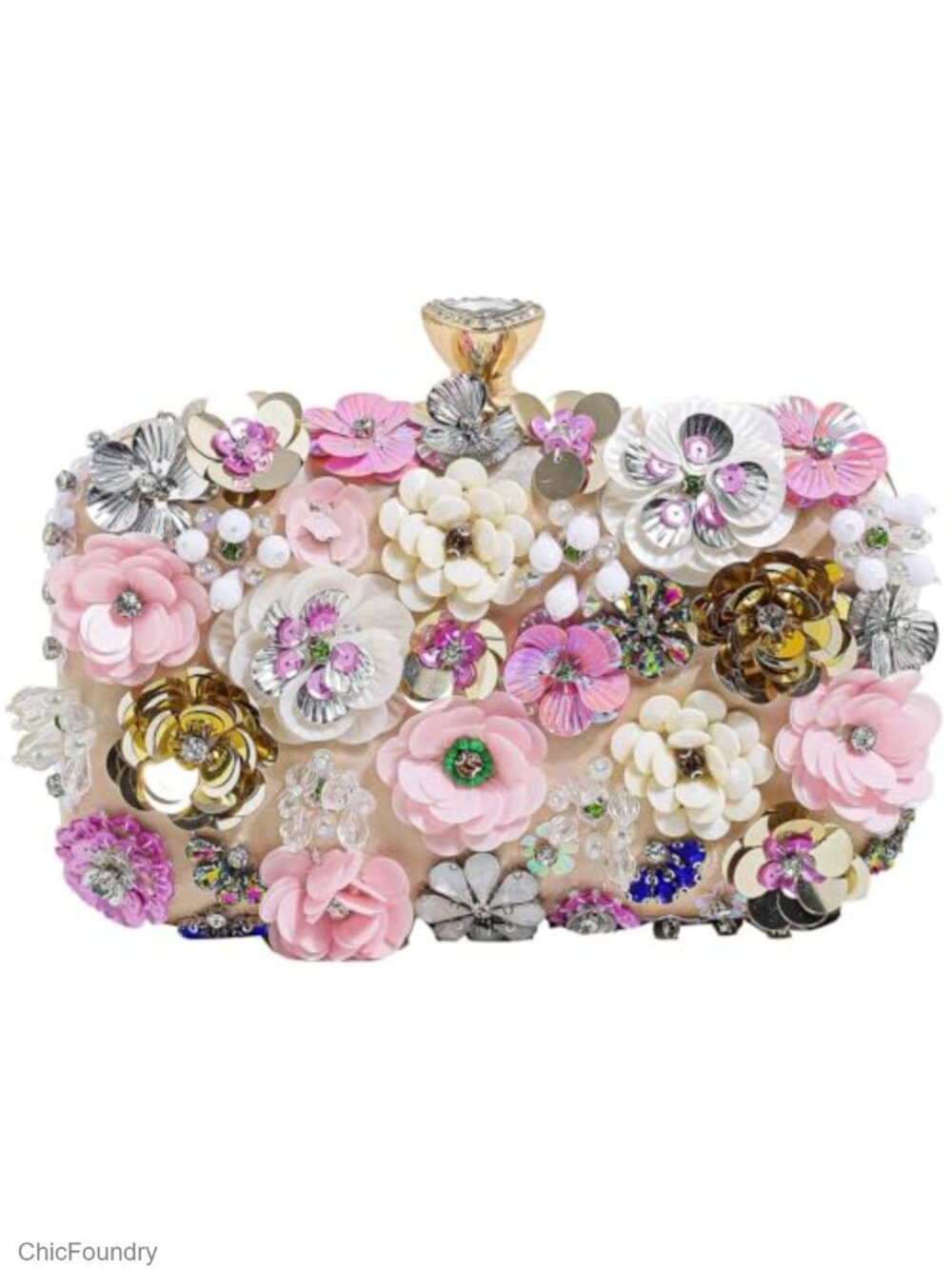 Floral Beaded Satin Clutch Evening Bag with Chain Strap and Wristlet
